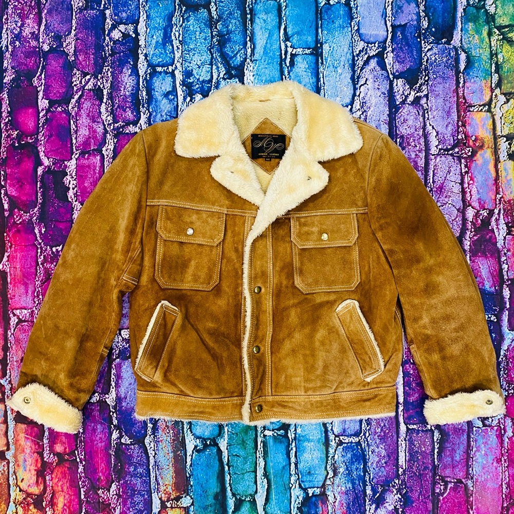 Montgomery Ward Suede Leather Tan Sherpa Lined Trucker Western Rancher size 42R